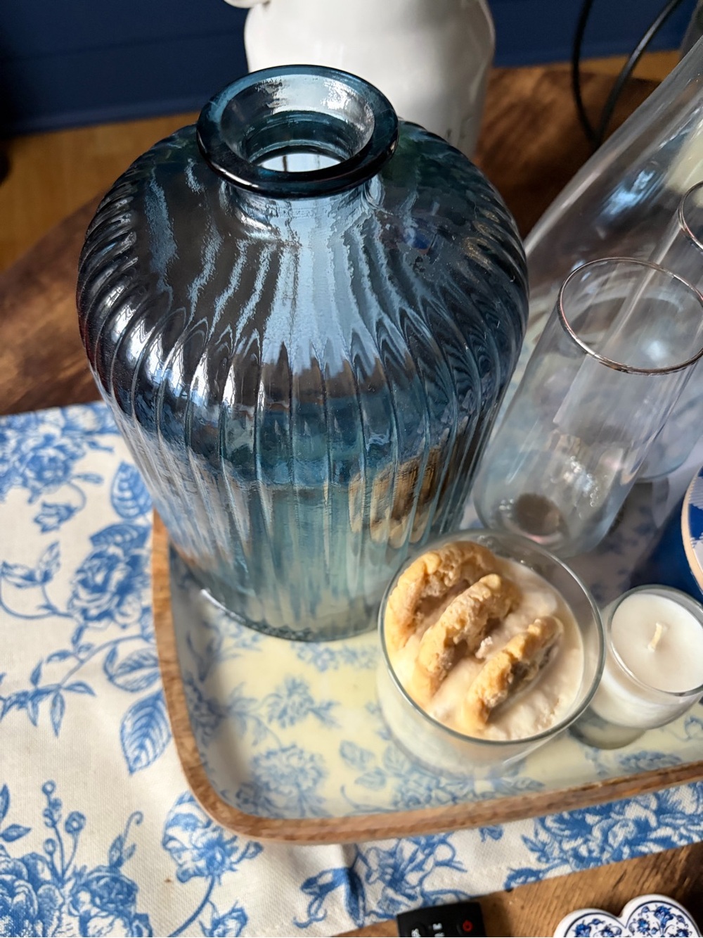 Textured Blue Ribbed Glass Vase - Decorative Home Accent
